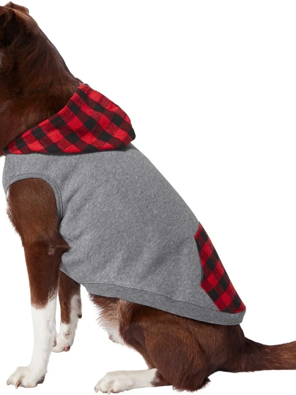 Gray Dog Hoodie with Red Buffalo Plaid Accents